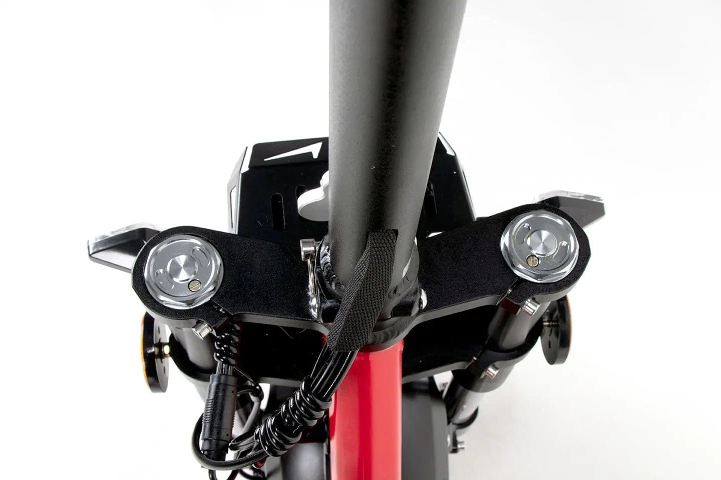 Escooter Wandler K/E von Kraftwerk-E- 45km/h - mit Sitz & Straßenzulassung - leuchtrot - Detailansicht Upside-down-Gabel von oben